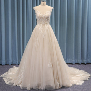 V-neck Cap Sleeve Sheer Bodice A-line Tulle Lace Wedding Dress