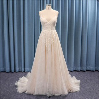 Sexy Deep V-neck Lace Tulle A-line Wedding Dress Low Back