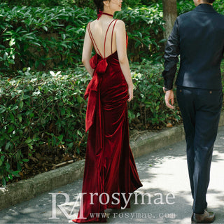 Dark Red Velvet Formal Gown Party Dress with Spaghetti Straps