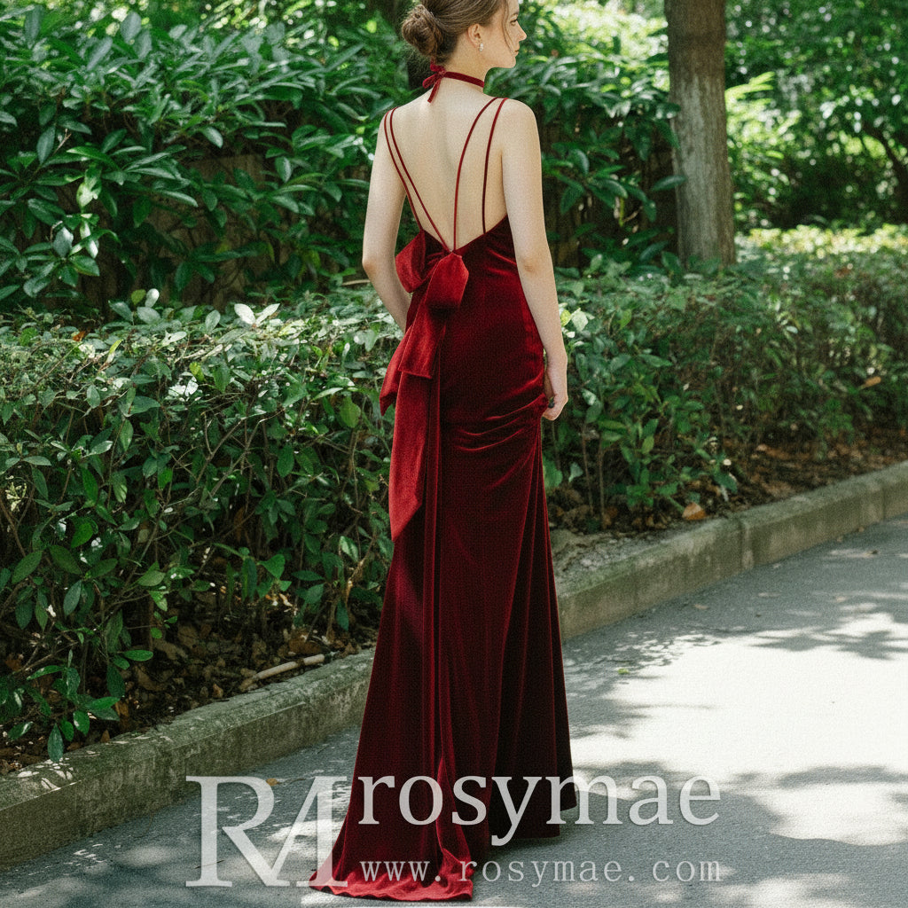 Dark Red Velvet Formal Gown Party Dress with Spaghetti Straps Rosymae Dark Red Velvet Formal Gown Party Dress with Spaghetti Straps Rosymae
