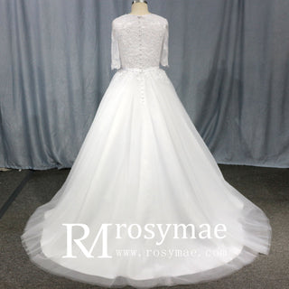 Vintage Half-Sleeve Scoop A Line Tulle Wedding Dress - Rosymae