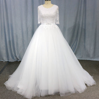 Vintage Half-Sleeve Scoop A Line Tulle Wedding Dress - Rosymae