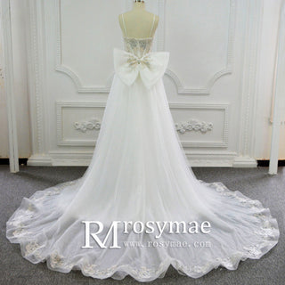 Spaghetti Strap Embroidery Lace A-line Wedding Dress With Bowknot.