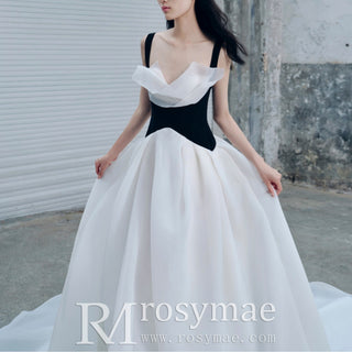 A-line White Black Wedding Dresses with Tank Asymmetrical Neck