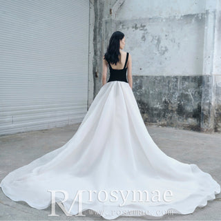 A-line White Black Wedding Dresses with Tank Asymmetrical Neck