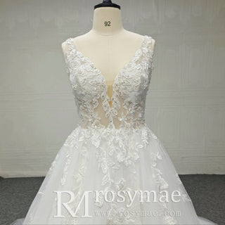 White Ballgown Tulle Open Back Wedding Dress with Tank Sleeve - Rosymae