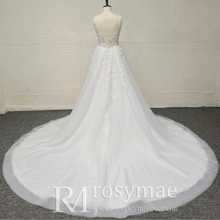 White Ballgown Tulle Open Back Wedding Dress with Tank Sleeve - Rosymae
