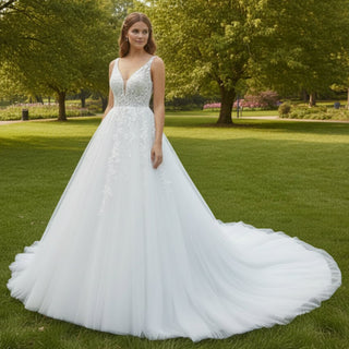 White Ballgown Tulle Open Back Wedding Dress with Tank Sleeve - Rosymae