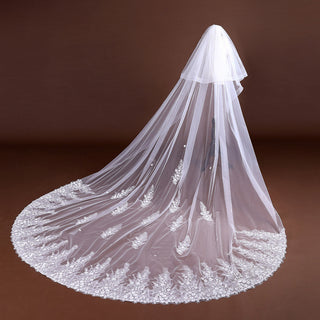 Long Head Veil with Lace-Flowers Attached