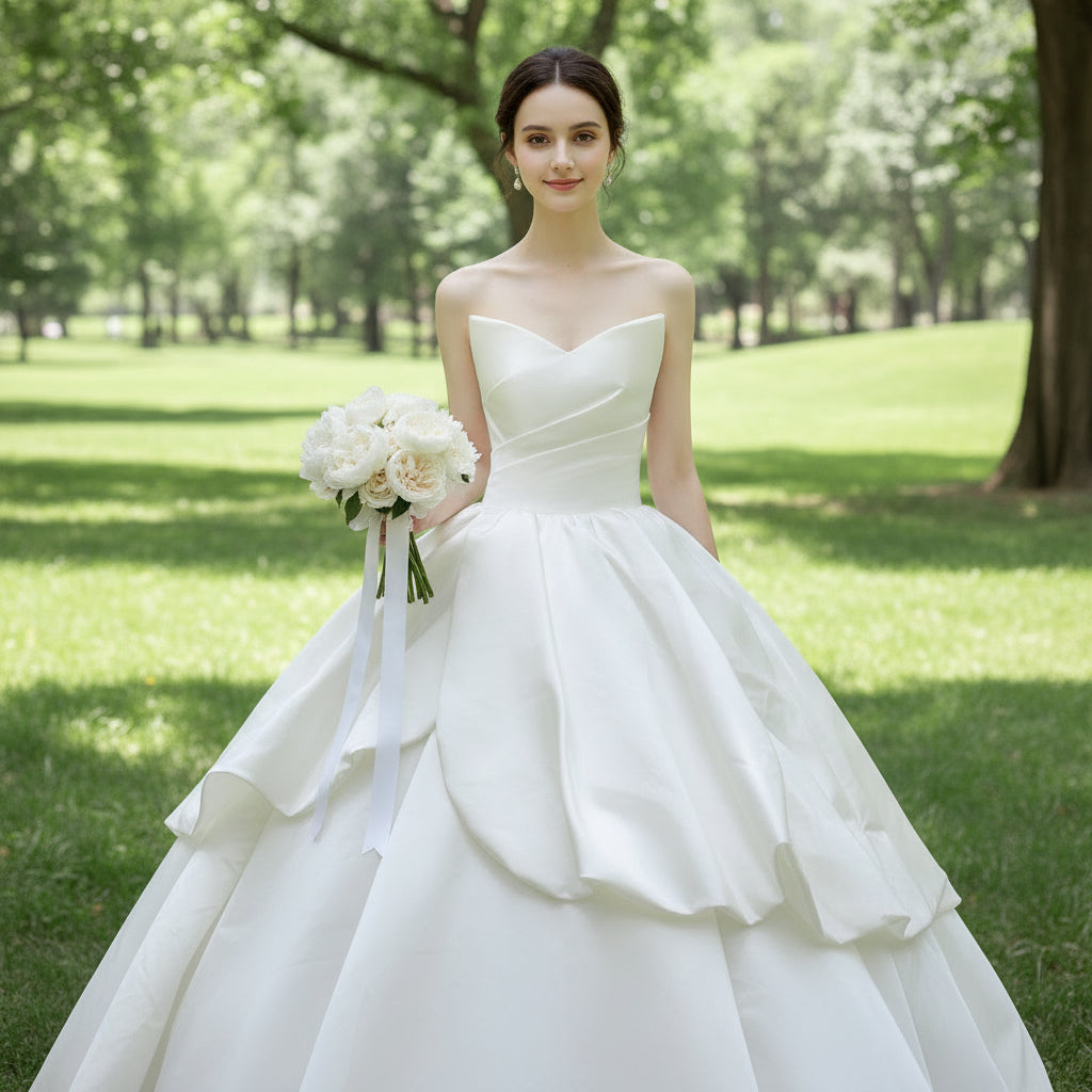 Strapless Satin Ball Gown Wedding Dress Ruffle Skirt Bridal Gown Ivory / 10 / Ruffle Train Strapless Satin Ball Gown Wedding Dress Ruffle Skirt Bridal Gown Ivory / 10 / Ruffle Train