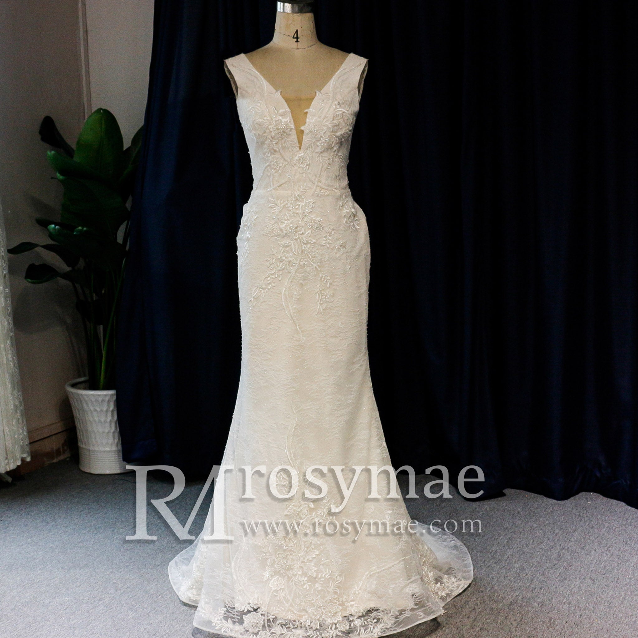 Womens V Neck Lace Appliques Wedding Dress Mermaid Bridal Gowns - Rosymae