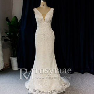 Womens V Neck Lace Appliques Wedding Dress Mermaid Bridal Gowns - Rosymae