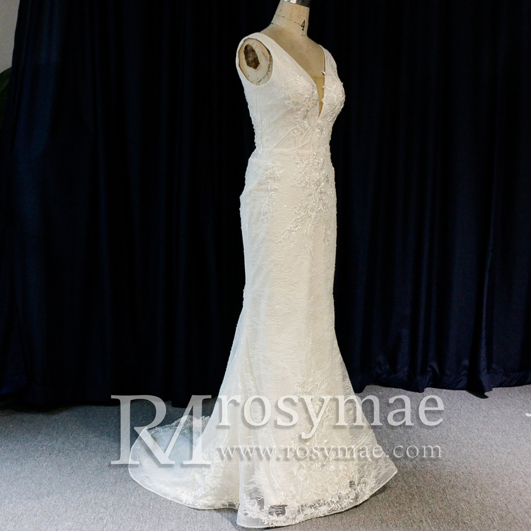 Womens V Neck Lace Appliques Wedding Dress Mermaid Bridal Gowns - Rosymae
