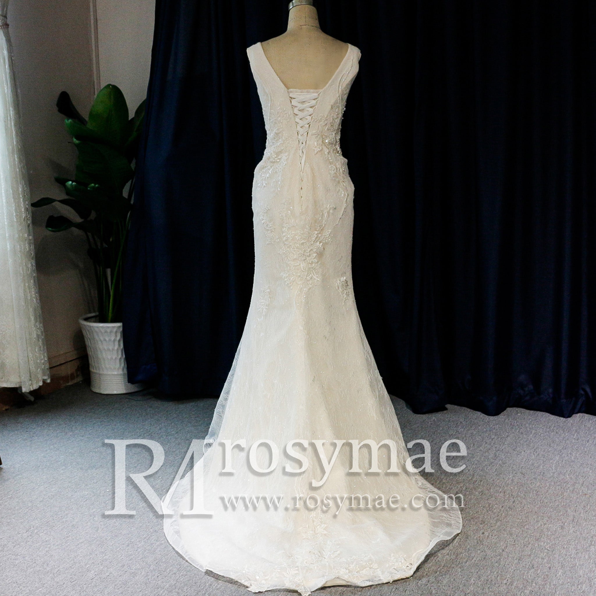Womens V Neck Lace Appliques Wedding Dress Mermaid Bridal Gowns - Rosymae