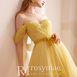 Off the Shoulder A-line Tulle Gold Formal Dress & Evening Gown
