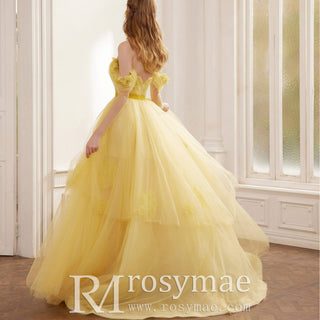 Off the Shoulder A-line Tulle Gold Formal Dress & Evening Gown